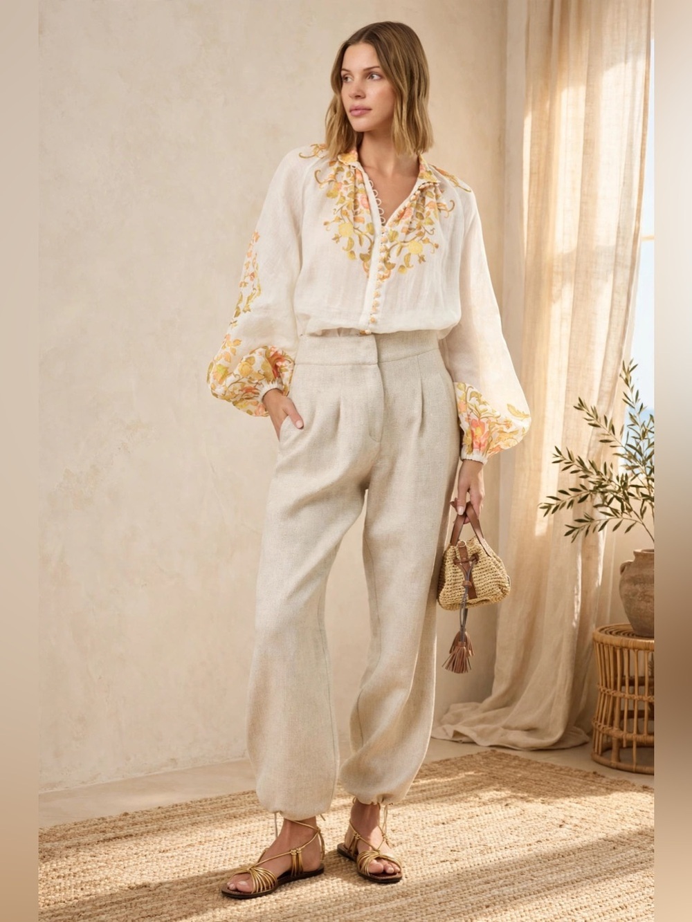 Kate Ford Noaea Blouse Cream Floral Peasant Blouse size US 6-8 - Picture 2 of 12